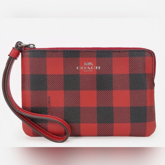 Coach Leather Buffalo Plaid Corner Zip Wristlet - Picture 1 of 16